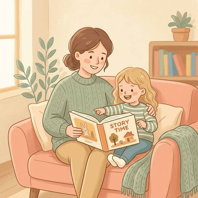 엄마와 아이가 함께 동화책을 읽는 따뜻한 모습